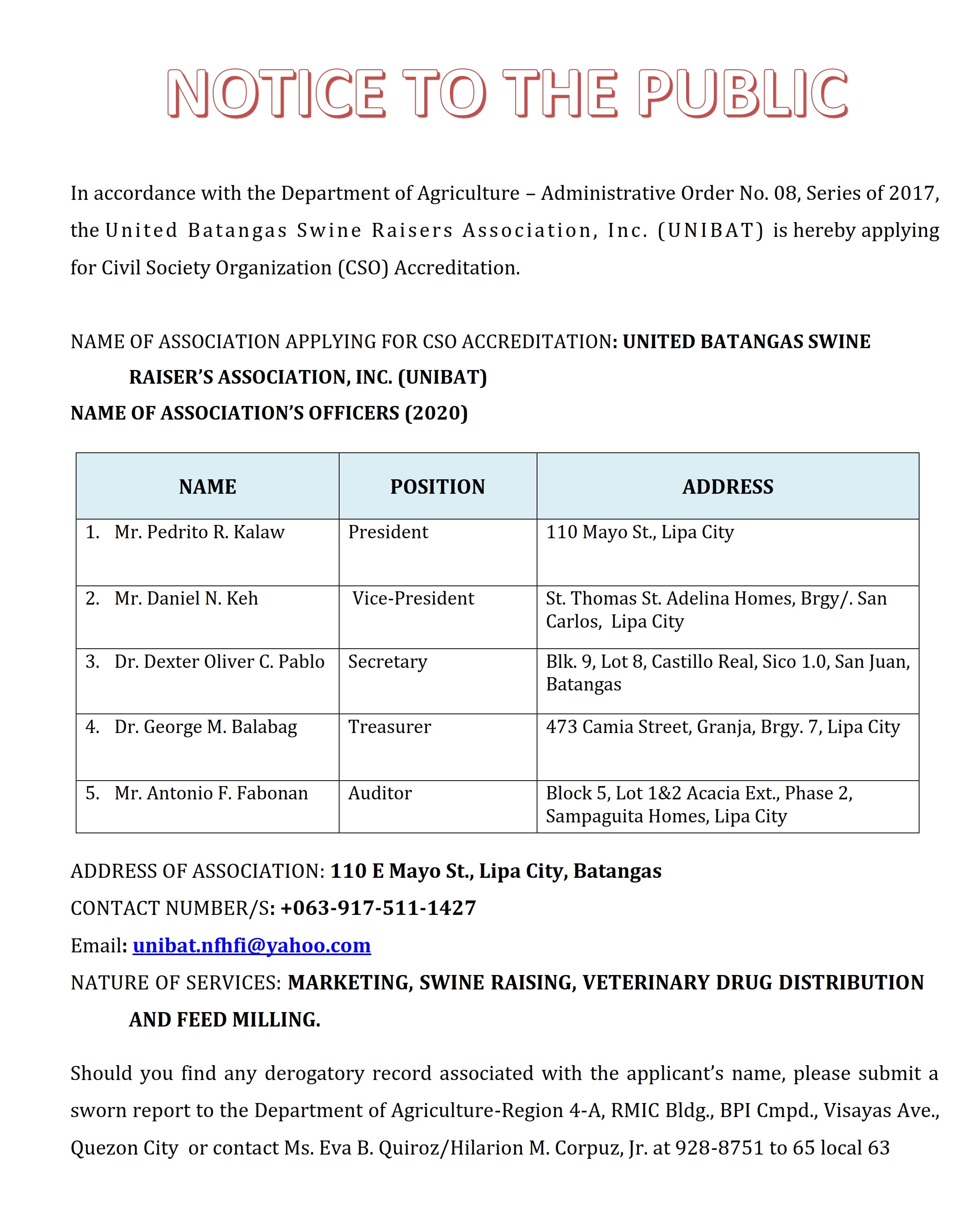 notice to public unibat applying for cso accreditation june 2020