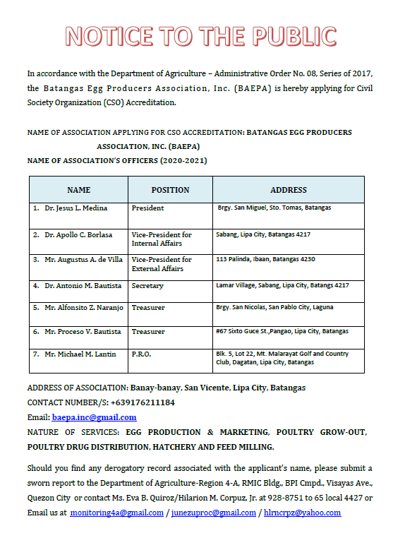 Batangas Egg Producers Association, Inc. (BAEPA) CSO application