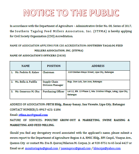 Southern Tagalog Feed Millers Association, Inc. (STFMA) CSO application
